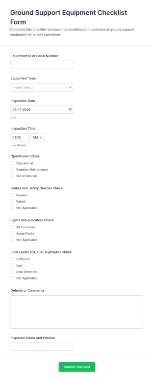 Ground Support Equipment Checklist Form Template