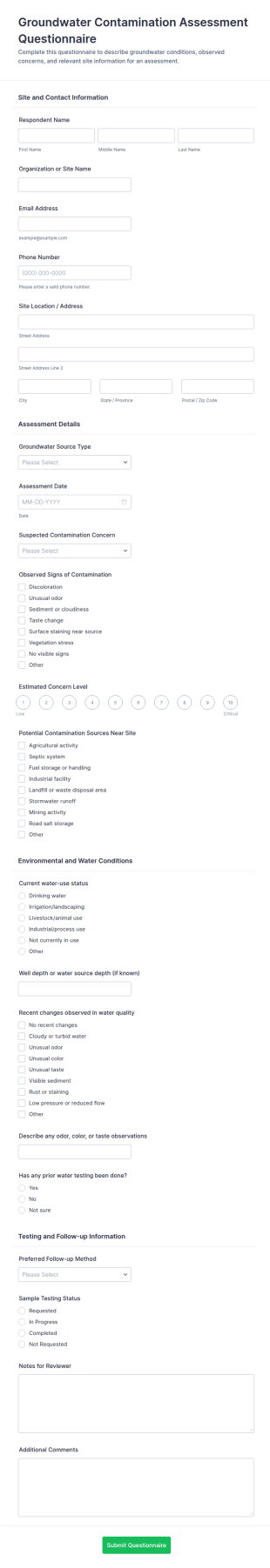 Groundwater Contamination Assessment Questionnaire Form Template