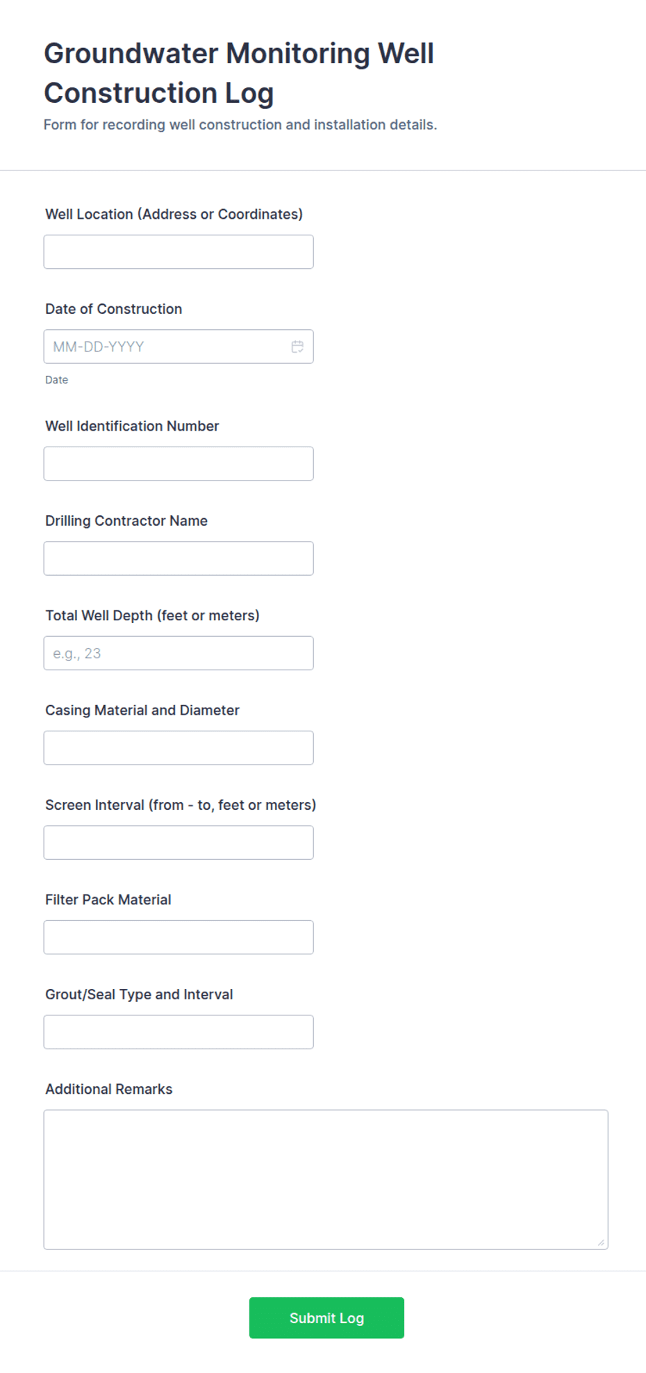 Groundwater Monitoring Well Construction Log Form Template | Jotform
