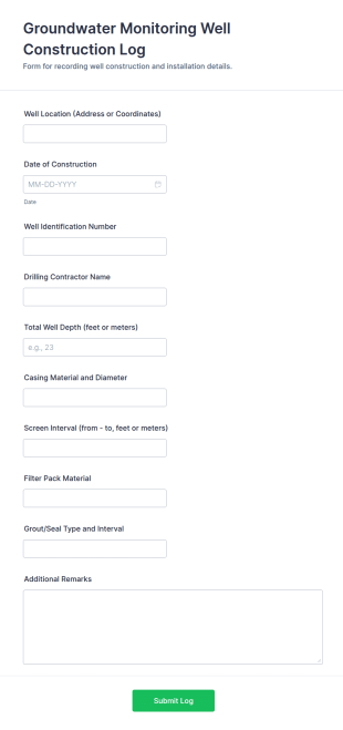Groundwater Monitoring Well Construction Log Form Template