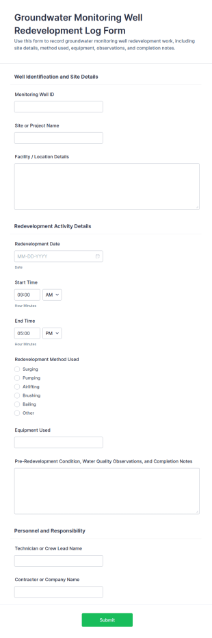 Groundwater Monitoring Well Redevelopment Log Form Template