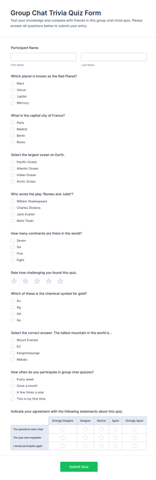 Group Chat Trivia Quiz Form Template