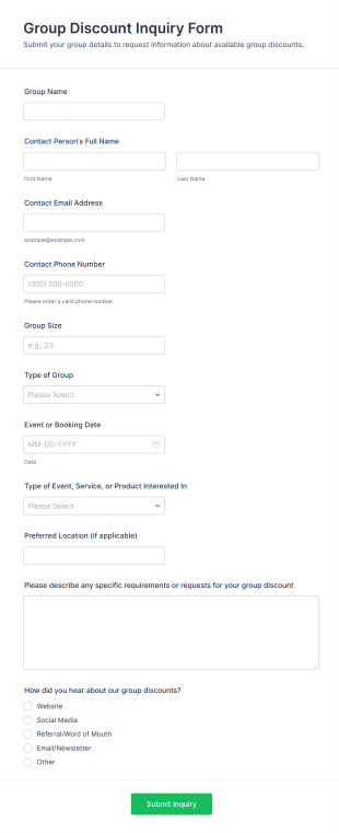 Group Discount Inquiry Form Template