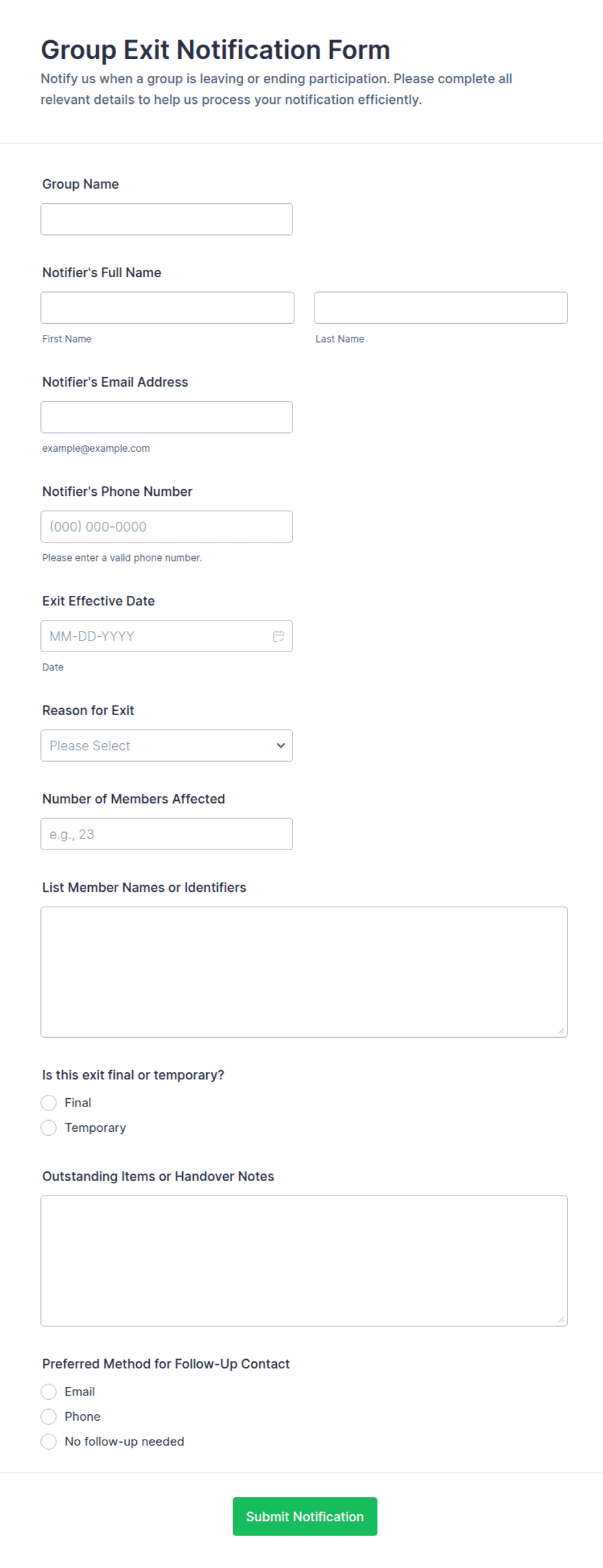 Group Exit Notification Form Template | Jotform