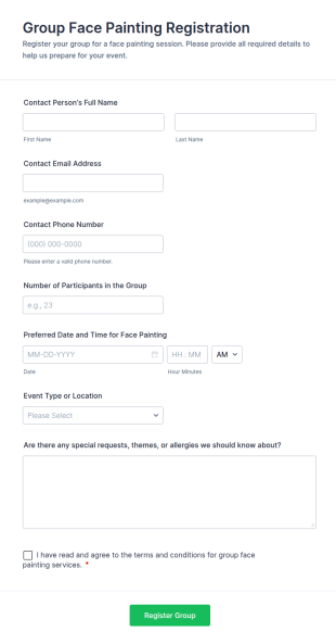 Group Face Painting Registration Form Template