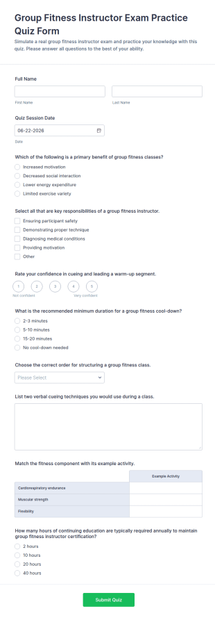 Group Fitness Instructor Exam Practice Quiz Form Template