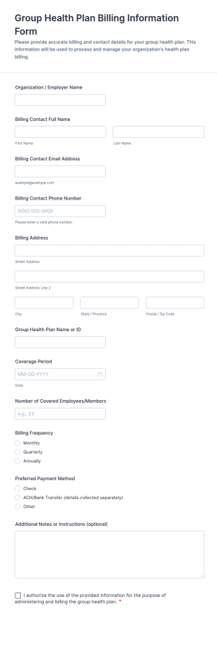 Group Health Plan Billing Information Form Template