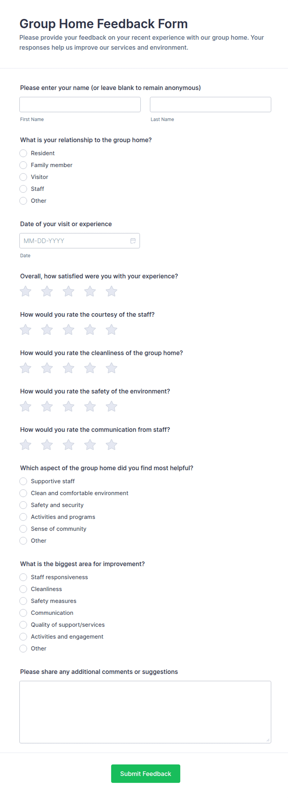 Group Home Feedback Form Template | Jotform