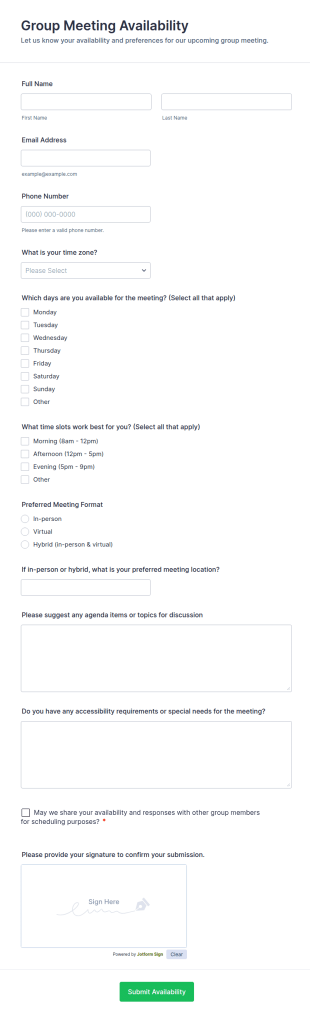 Group Meeting Availability Form Template