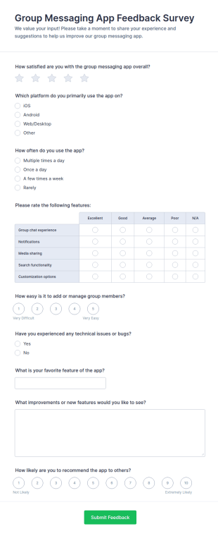 Group Messaging App Feedback Survey Form Template