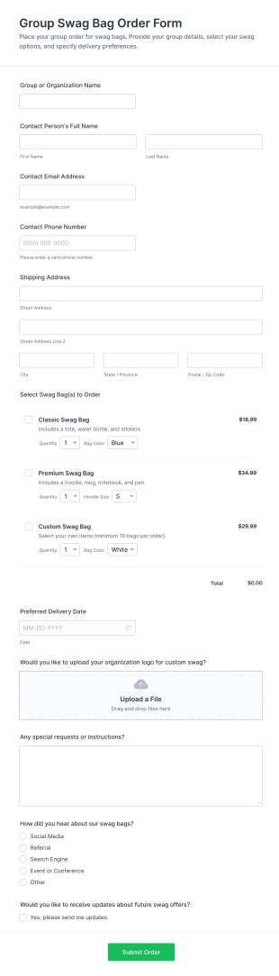 Group Swag Bag Order Form Template