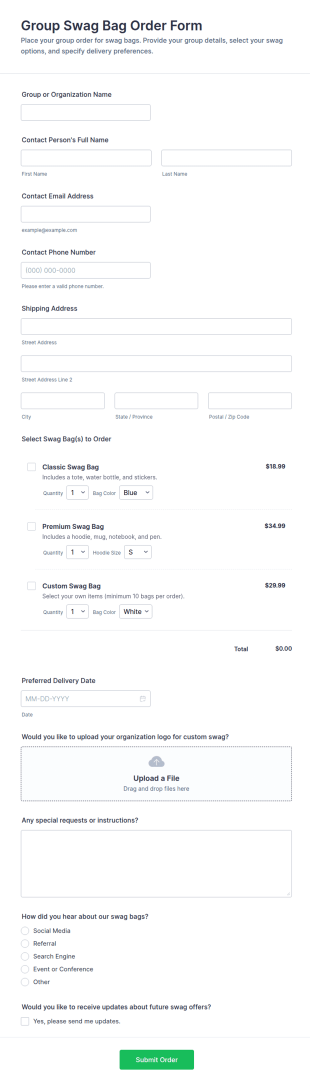 Group Swag Bag Order Form Template
