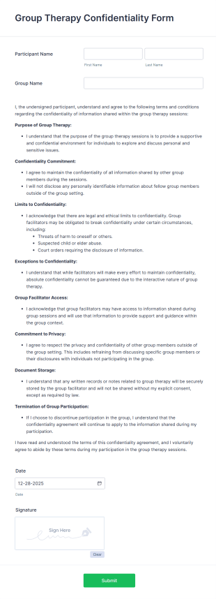 Group Therapy Confidentiality Form Template