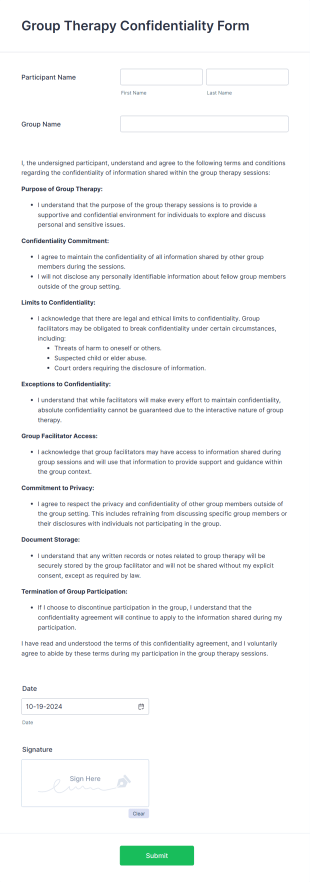 Group Therapy Confidentiality Form Template