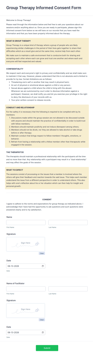 Group Therapy Informed Consent Form Template