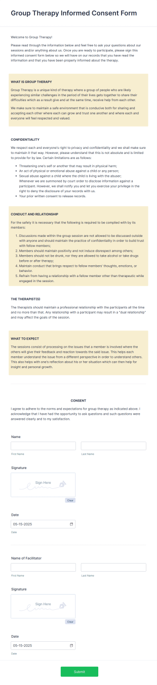 Group Therapy Informed Consent Form Template