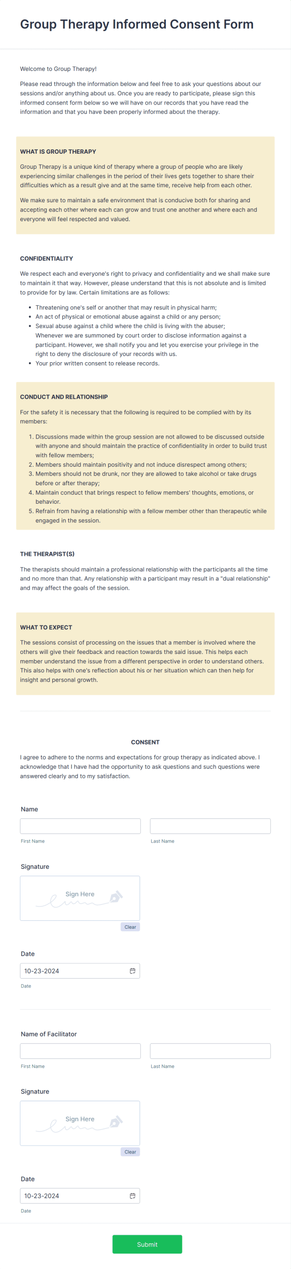 Group Therapy Informed Consent Form