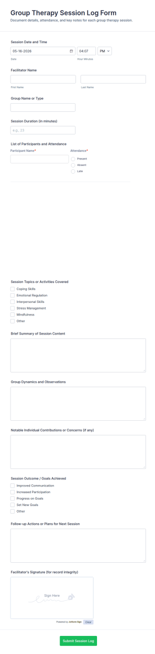 Group Therapy Session Log Form Template
