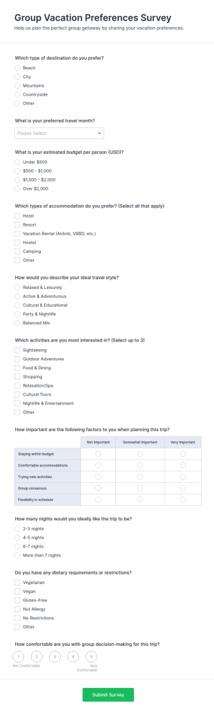 Group Vacation Preferences Survey Form Template