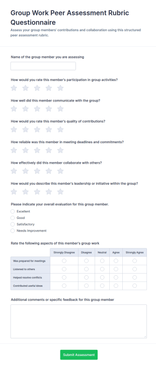 Group Work Peer Assessment Rubric Questionnaire Form Template