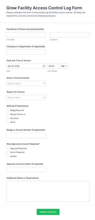 Grow Facility Access Control Log Form Template