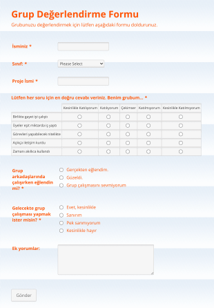 Grup Çalışması Değerlendirme Form Template