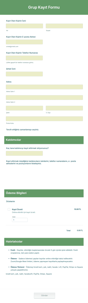 Grup Kayıt Formu Şablonu