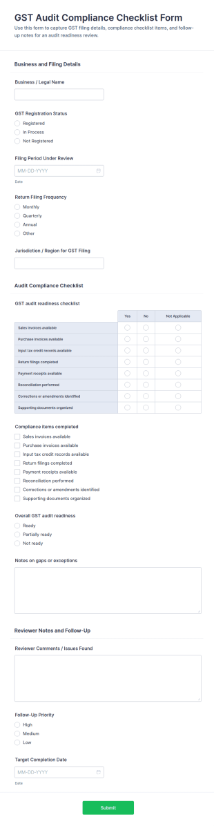GST Audit Compliance Checklist Form Template