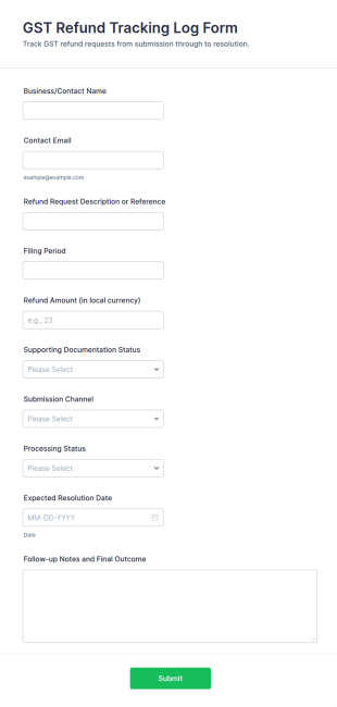 GST Refund Tracking Log Form Template