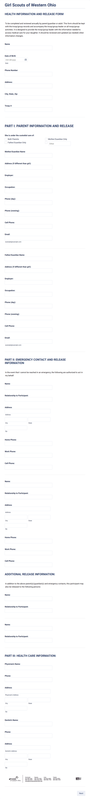 GSWO Health Information And Release Form Template