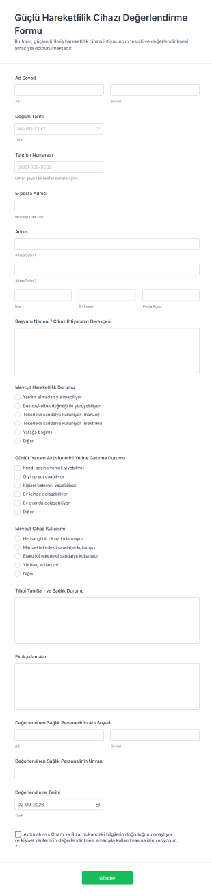 Güçlü Hareketlilik Cihazı Değerlendirme Form Şablonu