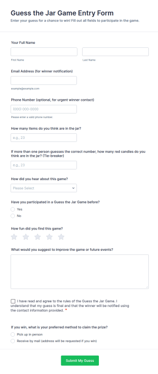 Guess The Jar Game Entry Form Template