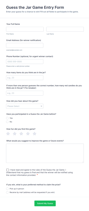 Guess The Jar Game Entry Form Template