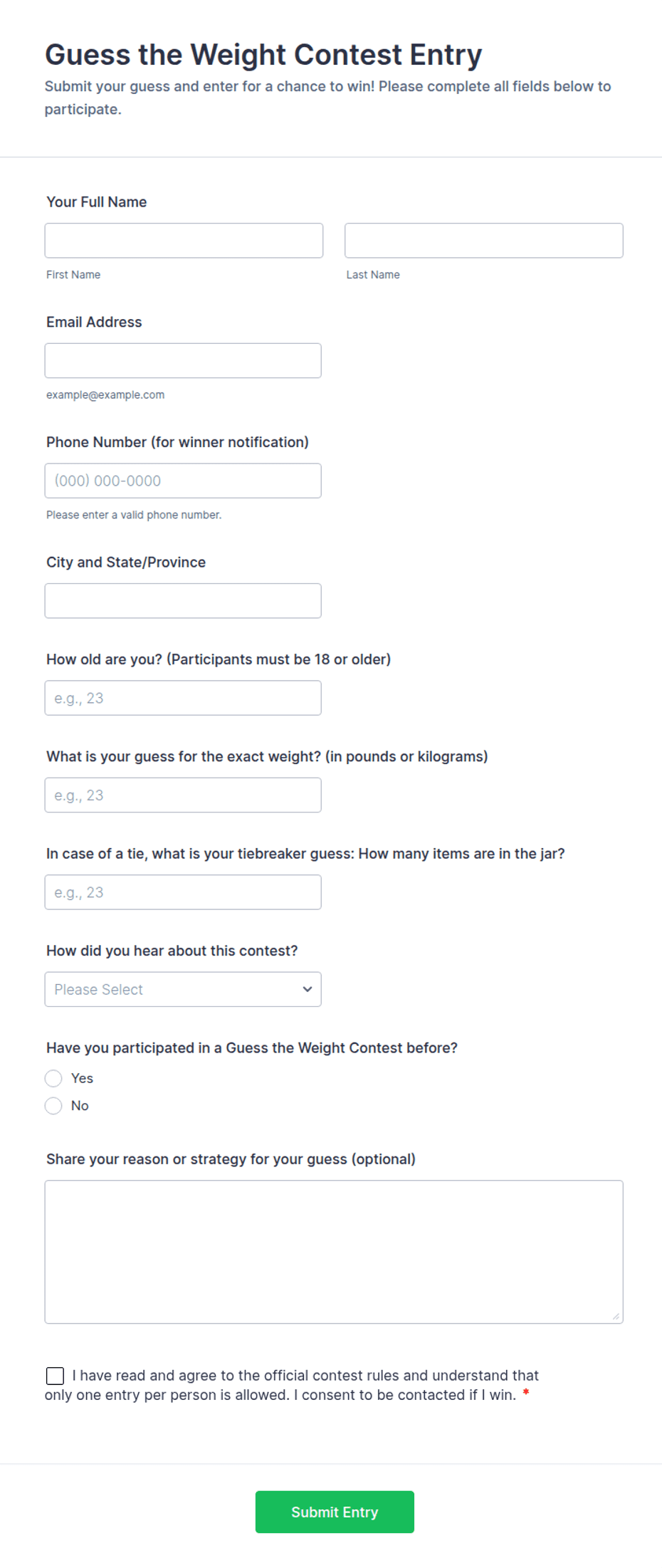 Guess the Weight Contest Entry Form Template | Jotform