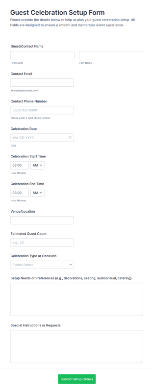 Guest Celebration Setup Form Template