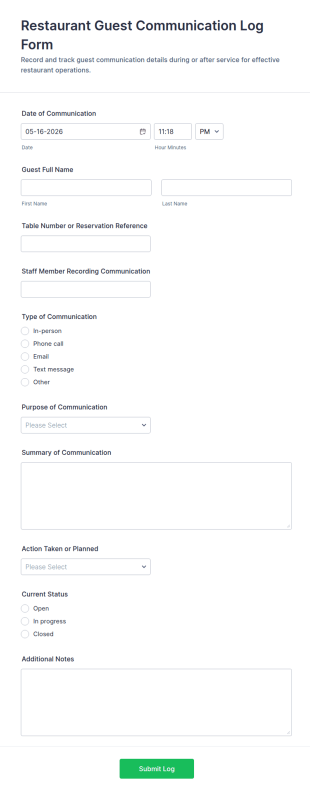 Guest Communication Log Form Template