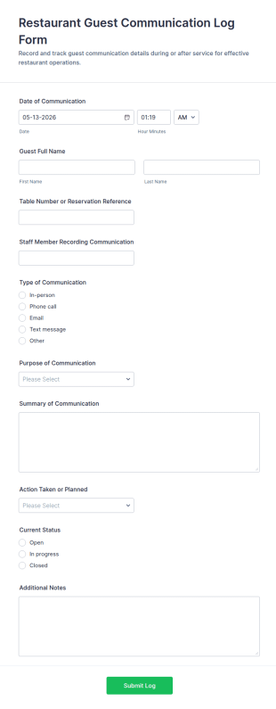 Guest Communication Log Form Template