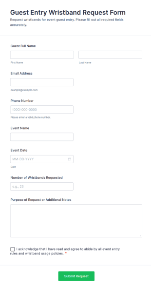 Guest Entry Wristband Request Form Template