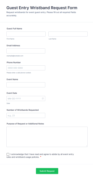 Guest Entry Wristband Request Form Template