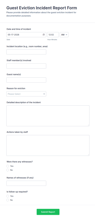 Guest Eviction Incident Report Form Template