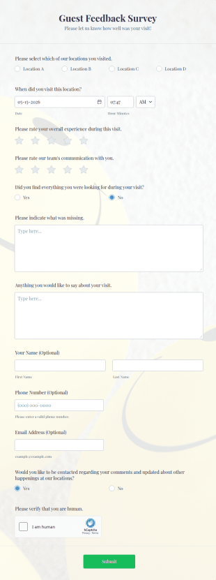 Guest Feedback Survey Form Template