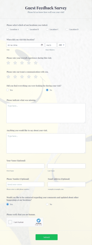Guest Feedback Survey Form Template