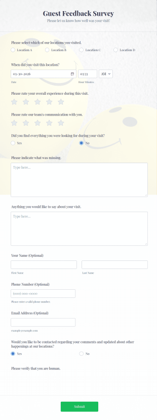 Guest Feedback Survey Form Template