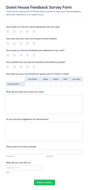 Guest House Feedback Survey Form Template