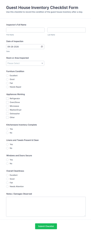 Guest House Inventory Checklist Form Template