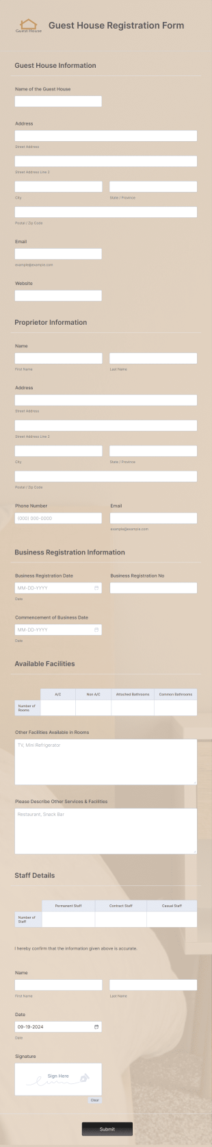 Guest House Registration Form Template