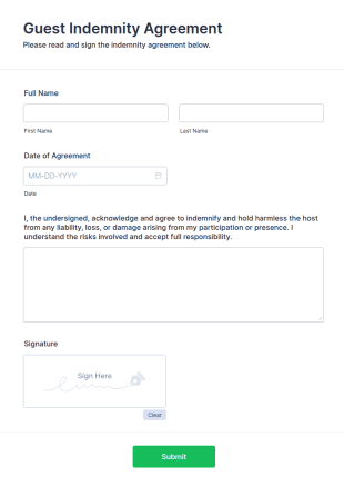 Guest Indemnity Agreement Form Template
