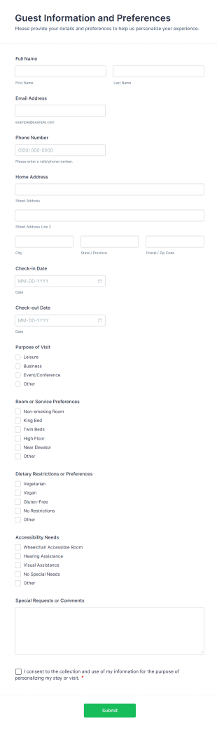Guest Information And Preferences Form Template