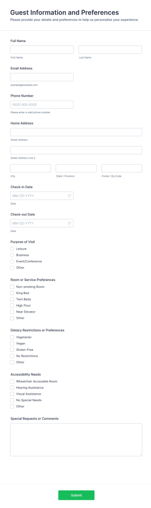 Guest Information And Preferences Form Template