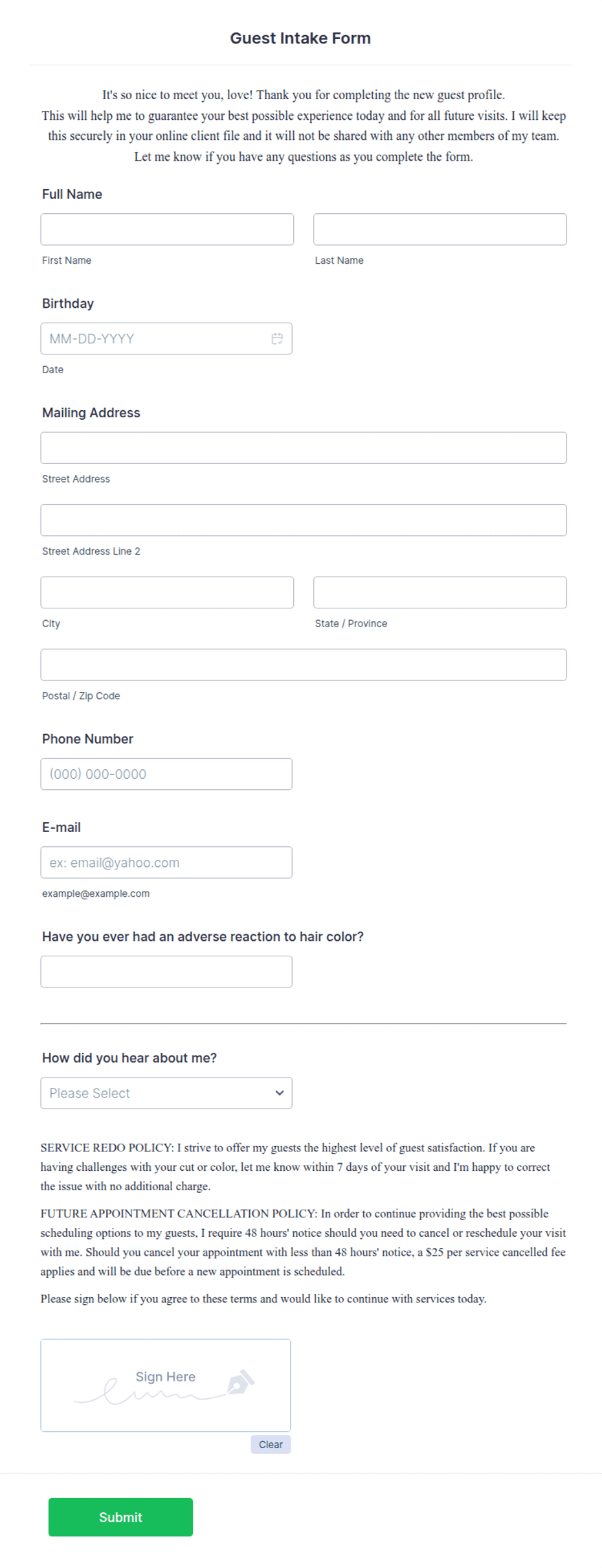 Guest Intake Form Template | Jotform